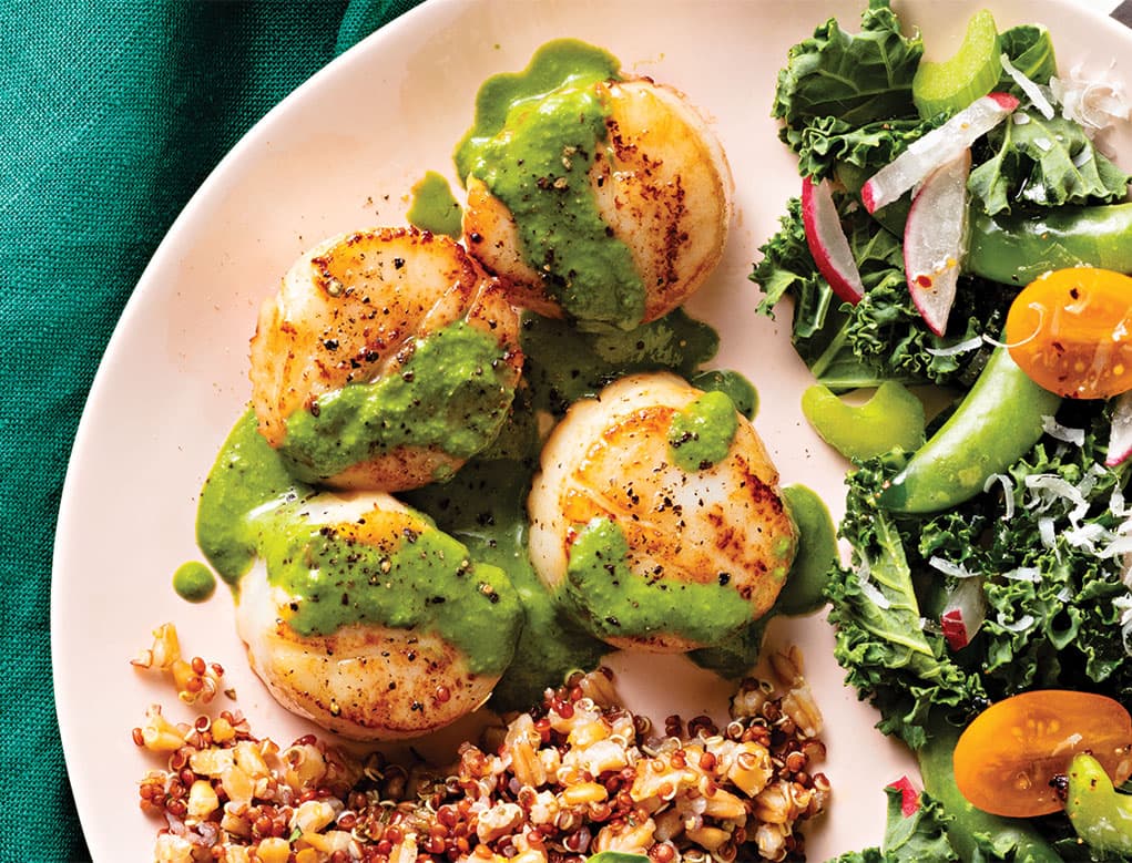 Vieiras selladas con Salsa pesto